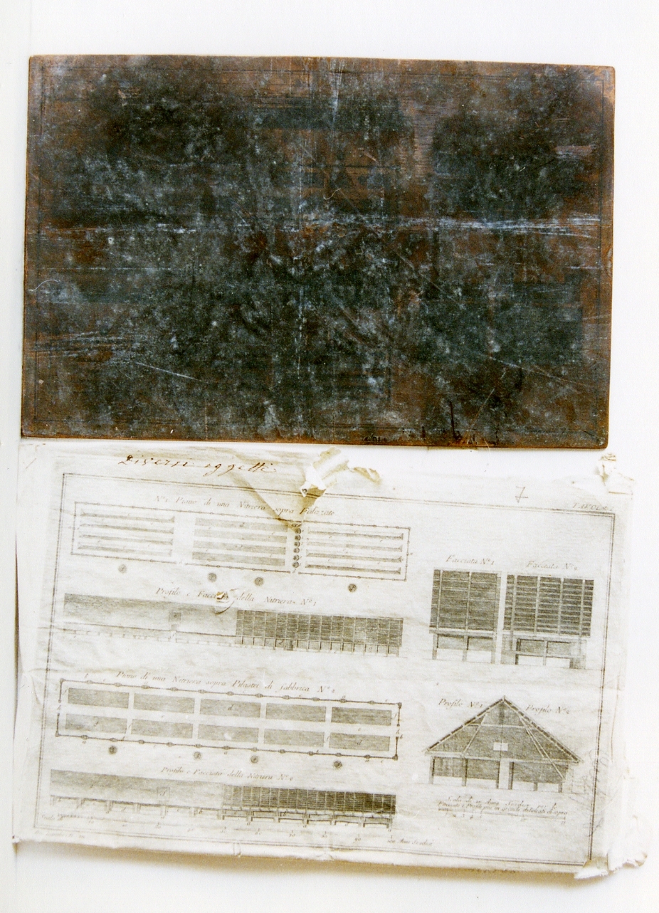 piante, profili e facciate di una nitriera (matrice) di Lamberti Aniello (sec. XIX)