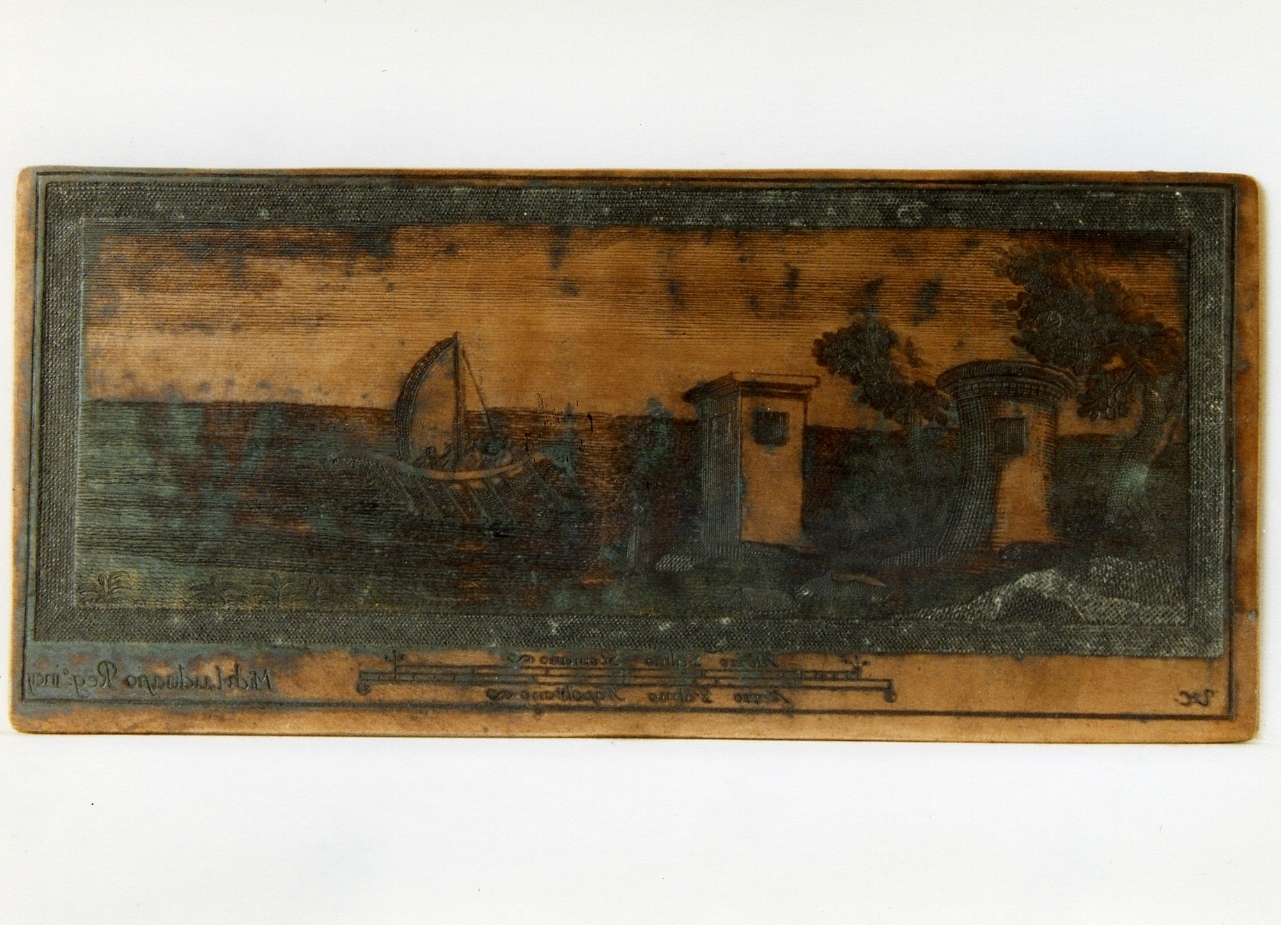 paesaggio marino con architetture, figure e barca (matrice) di Luduasio Michele, Campana Vincenzo (sec. XVIII)