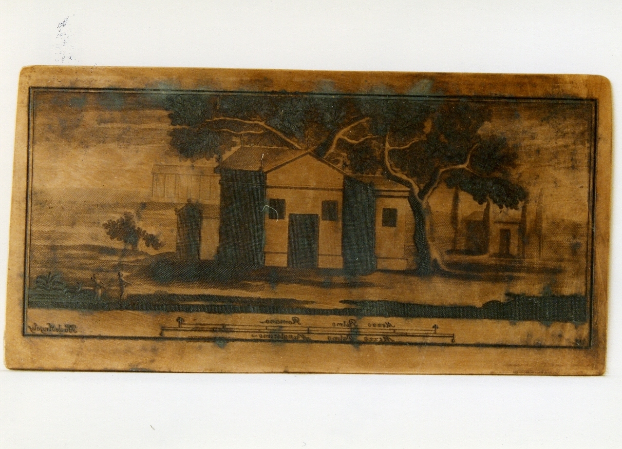 paesaggio campestre con sacelli e figure (matrice) di Campana Vincenzo, De Angelis Secondo (sec. XVIII)