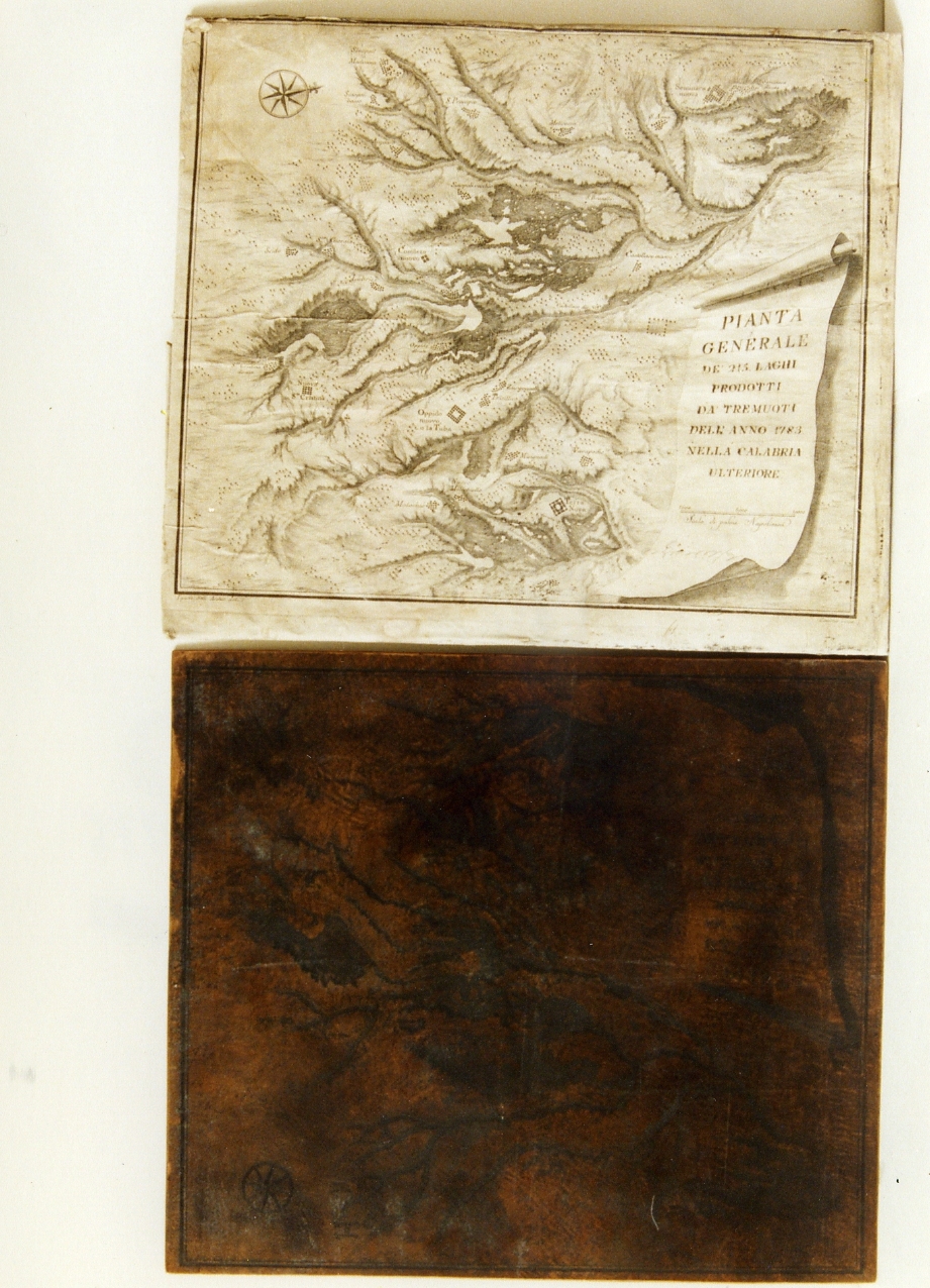 carta geografica della Calabria con i laghi formatisi dopo il terremotodel 1783 (matrice) di Cataneo Aniello, Stile Ignazio (sec. XVIII)