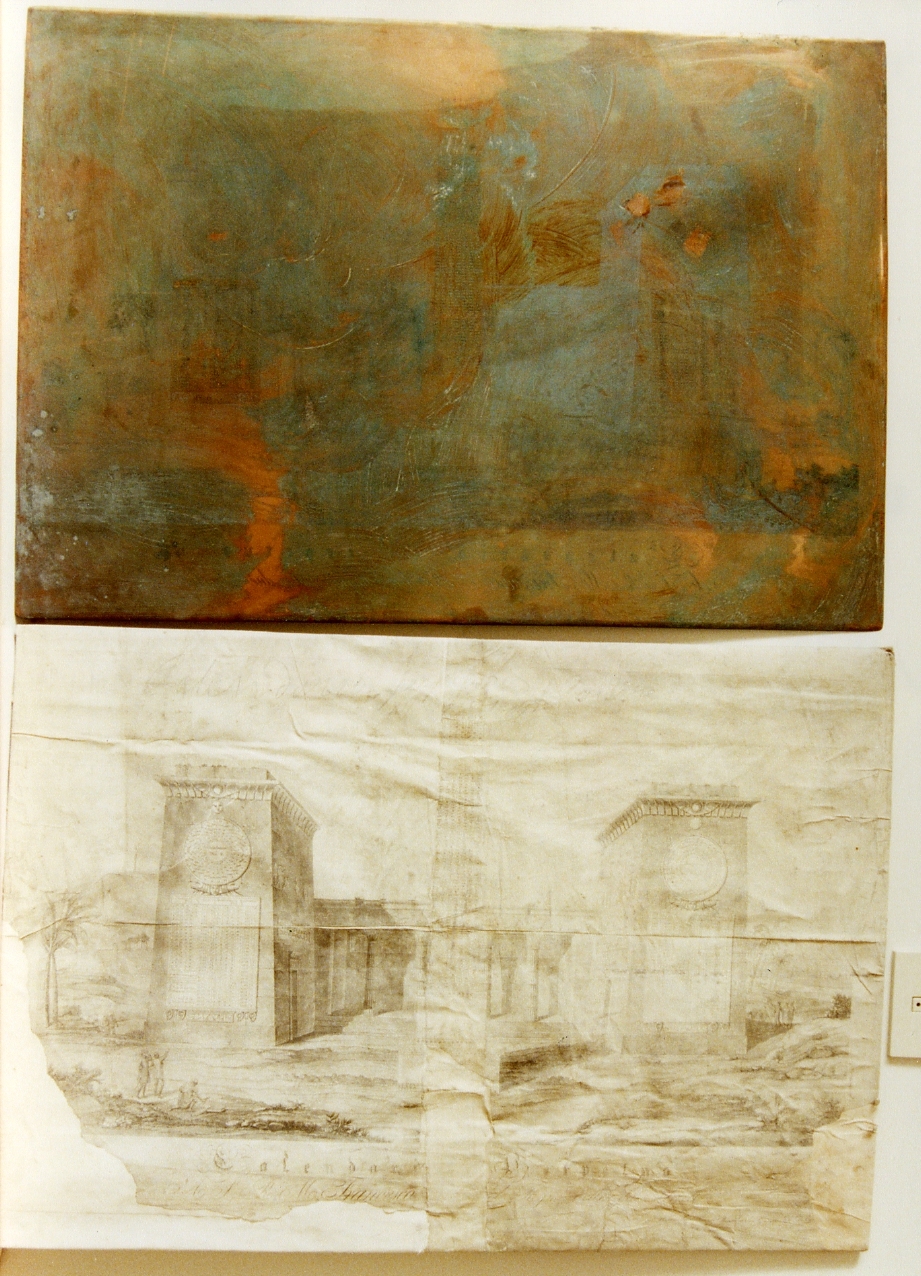 calendario perpetuo con architetture egittizzanti, paesaggio e figure (matrice) di Cavallaro Vincenzo, Leuci Vincenzo (sec. XIX)