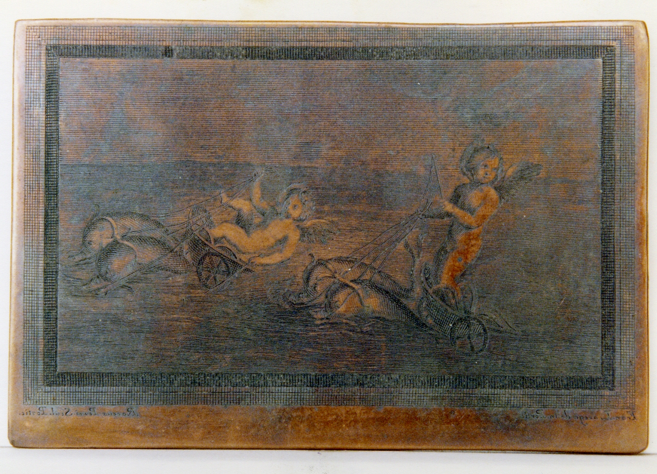 amorini su bighe trainate da delfini (matrice) di La Vega Francesco, Pozzi Rocco (sec. XVIII)