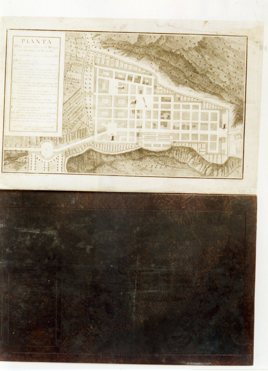 carta geografica e rilievo planimetrico della Nuova Terra di Borgia nelsito detto le Crocelle (matrice) di Ferraresi Vincenzo, Giomignani Francesco (sec. XVIII)