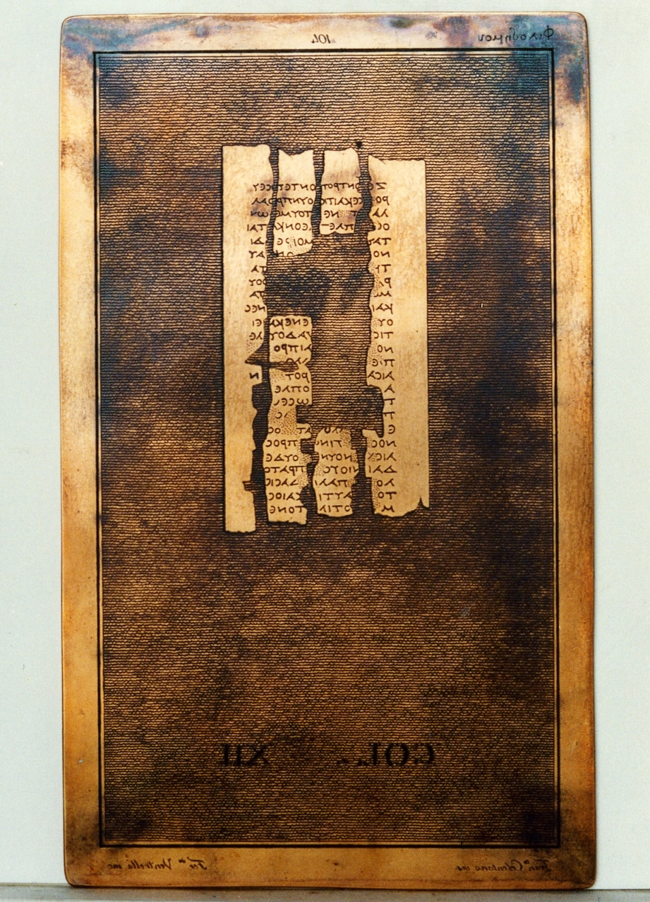 testo greco da Filodemo: col. XII (matrice) di Ventrella Ferdinando, Celentano Francesco (sec. XIX)
