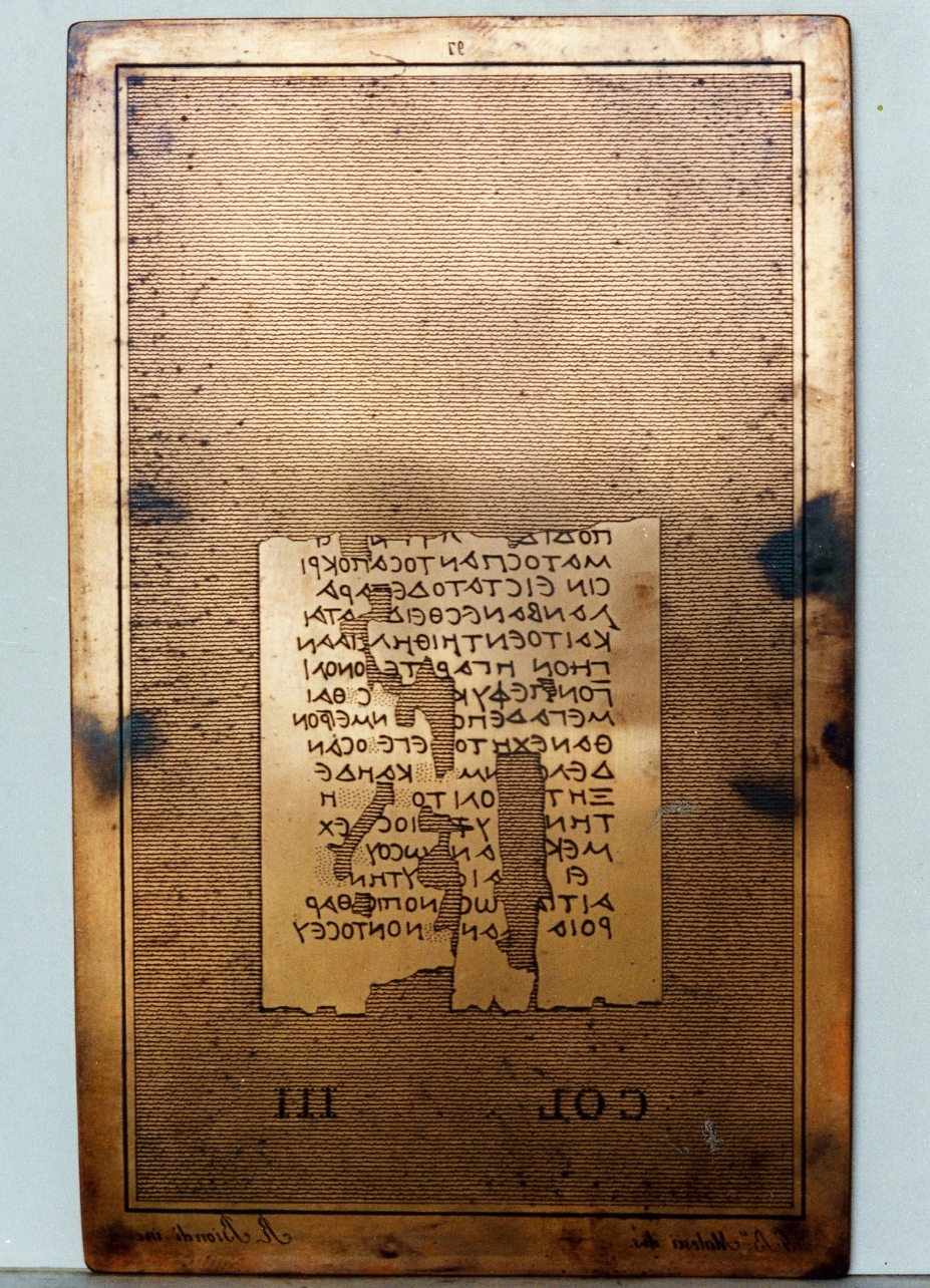 testo greco da Epicuro «della natura»: col. III (matrice) di Malesci Giovanni Battista, Biondi Raffaele (sec. XIX)