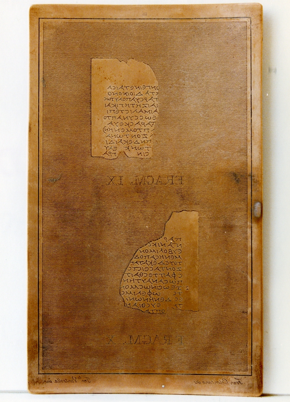 testo greco: fragm. IX, fragm. X (matrice) di Ventrella Ferdinando, Celentano Francesco (sec. XIX)