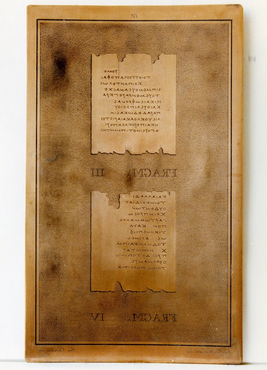 testo greco: fragm. III, fragm. IV (matrice) di Malesci Carlo, Corazza Vincenzo (sec. XIX)