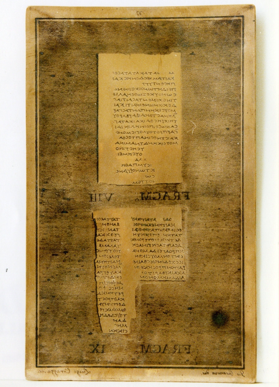testo greco: fragm. VIII, fragm. IX (matrice) di Casanova Giovanni Battista, Corazza Luigi (sec. XIX)