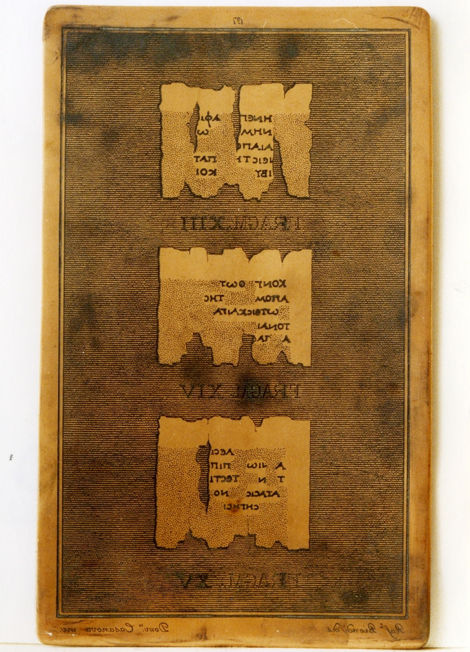 testo greco: fragm. XIII, fragm. XIV, fragm. XV (matrice) di Casanova Domenico, Biondi Raffaele (sec. XIX)