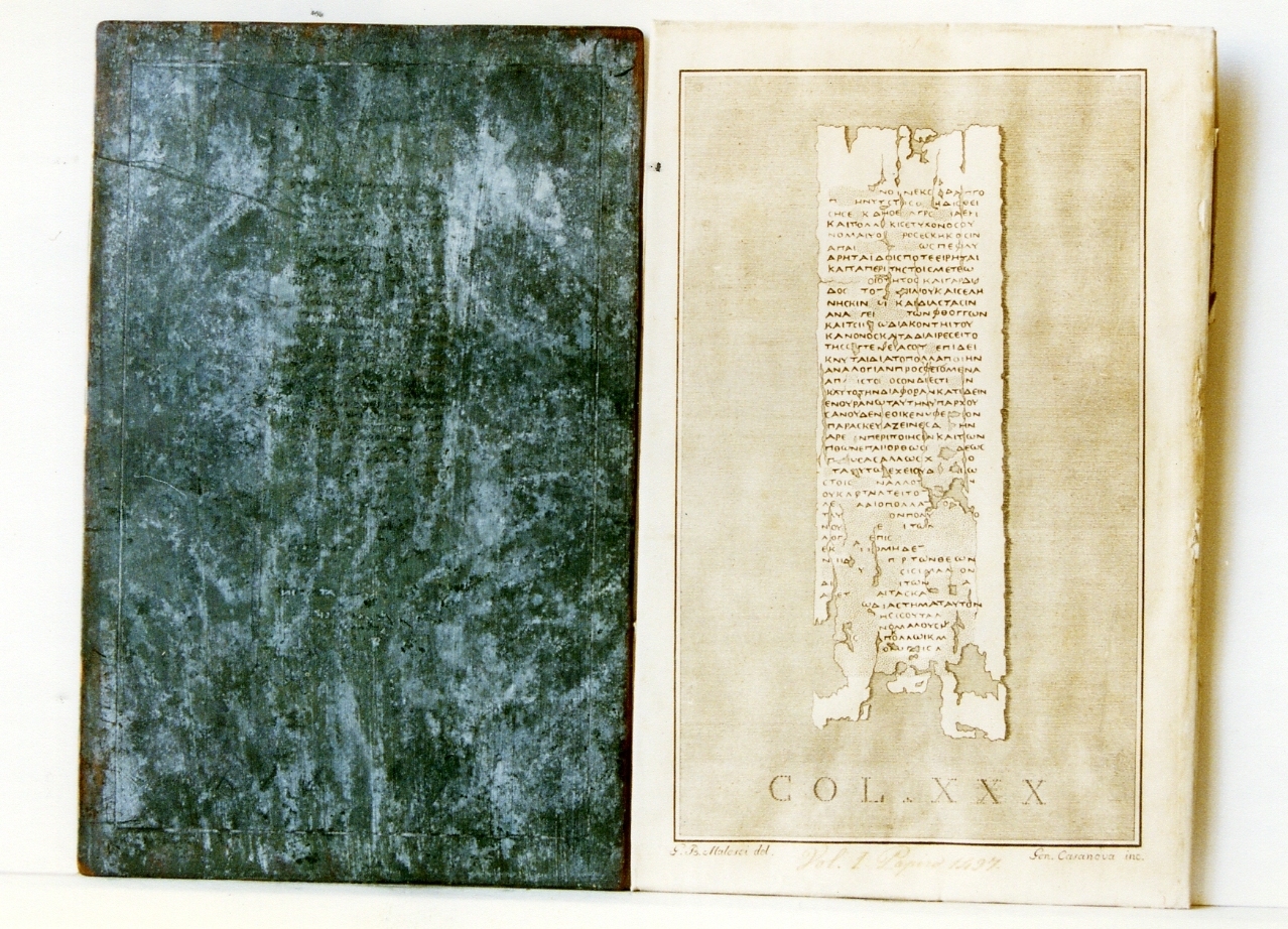 testo greco da Filodemo «della musica»: col. XXX (matrice) di Malesci Giovanni Battista, Casanova Gennaro (sec. XVIII)