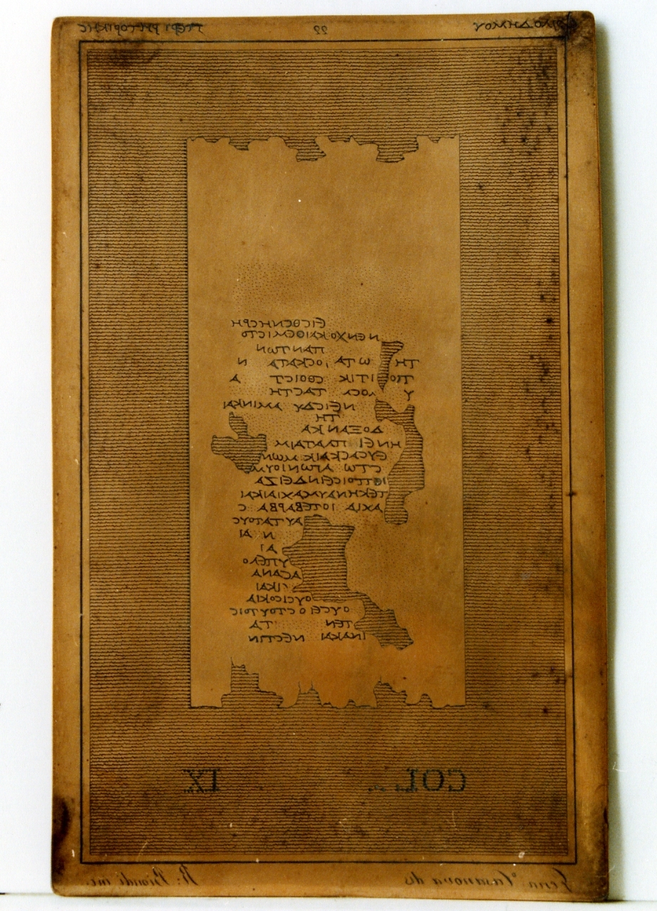 testo greco da Filodemo «della retorica»: col. IX (matrice) di Casanova Gennaro, Biondi Raffaele (sec. XIX)