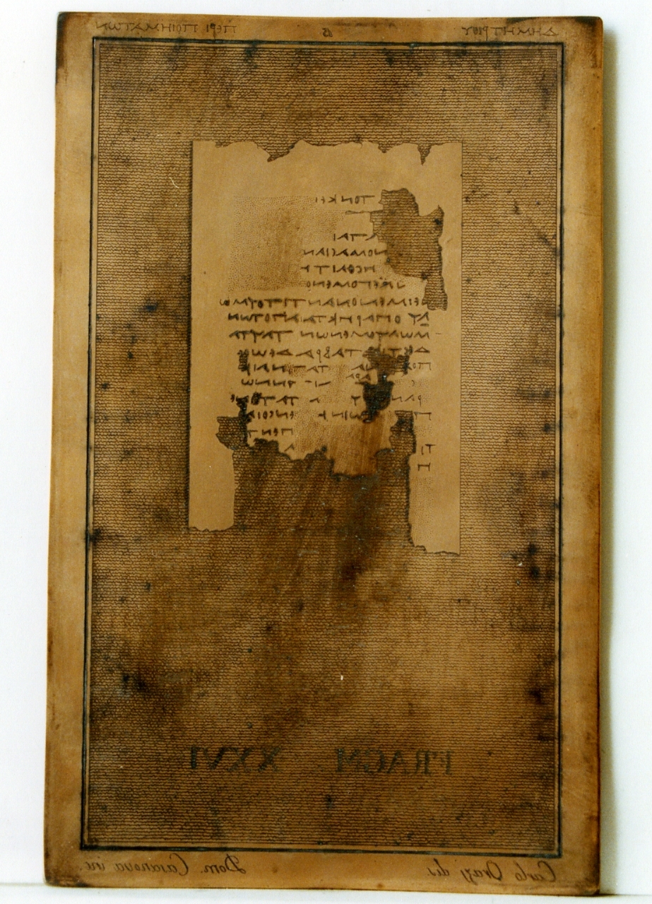 testo greco da Demetrio Lacone «dei poemi»: fragm. XXVI (matrice) di Casanova Domenico, Orazi Carlo (sec. XIX)