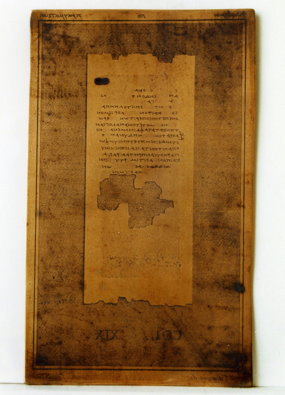 testo greco da Filodemo «memorie epicuree»: col. XIX (matrice) di Casanova Giuseppe, Biondi Raffaele (sec. XIX)