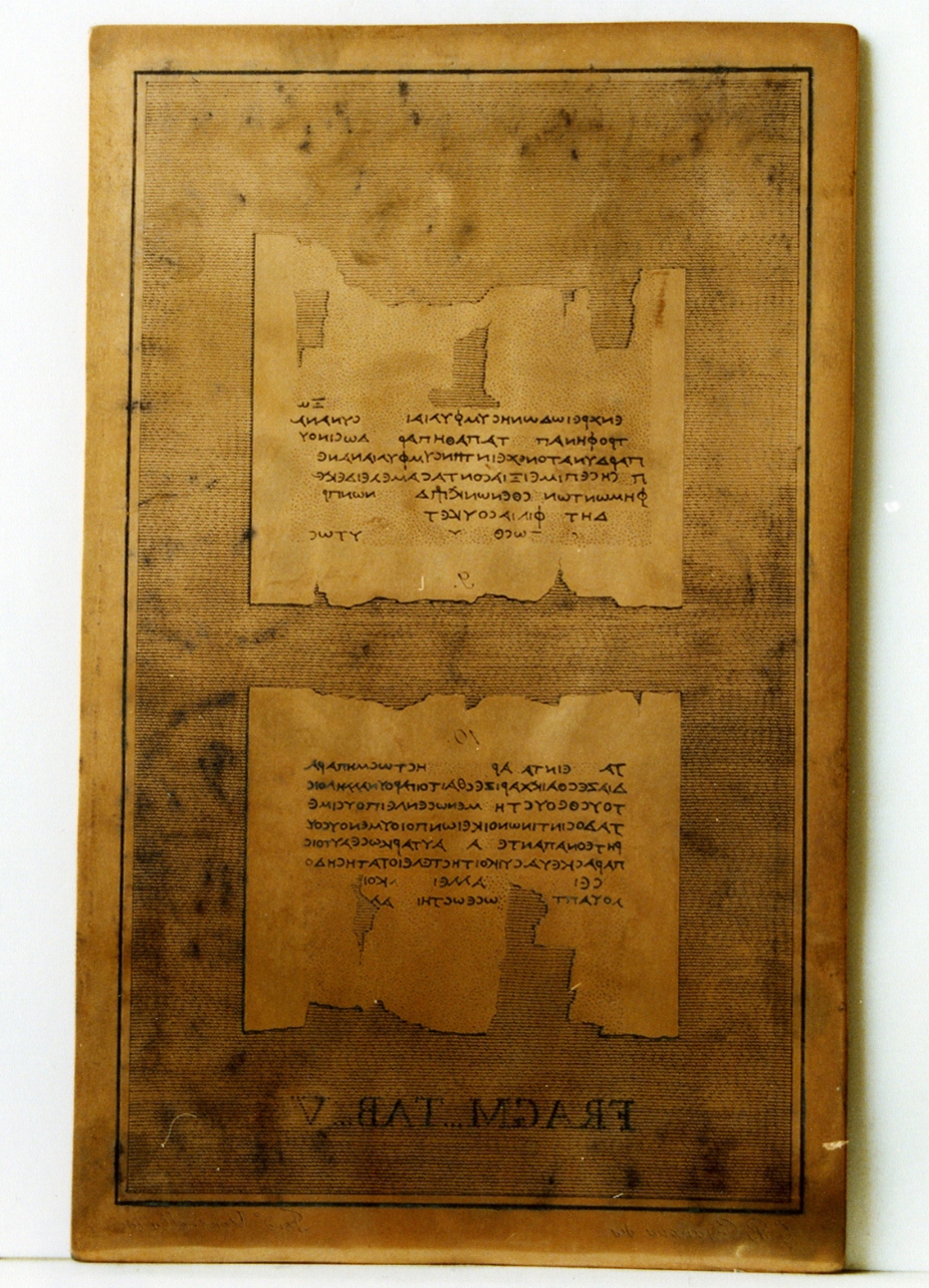 probabilmente testo greco da Filodemo «sugli dei»: fragm. Tab. V (matrice) di Ventrella Ferdinando, Casanova Giovanni Battista (sec. XIX)