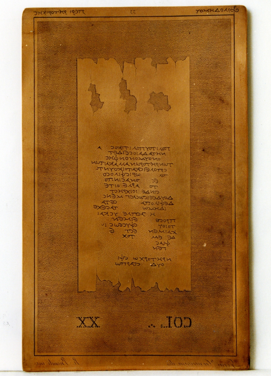 testo greco da Filodemo «della retorica»: col. XX (matrice) di Casanova Gennaro, Biondi Raffaele (sec. XIX)