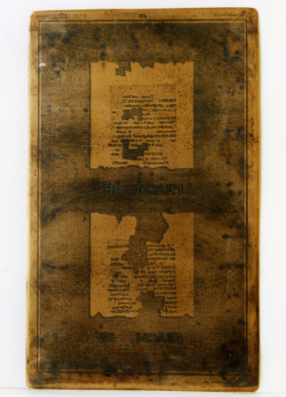 testo greco da Filodemo «su Epicuro»: fragm. III, fragm. IV (matrice) di Casanova Gennaro, Biondi Raffaele (sec. XIX)