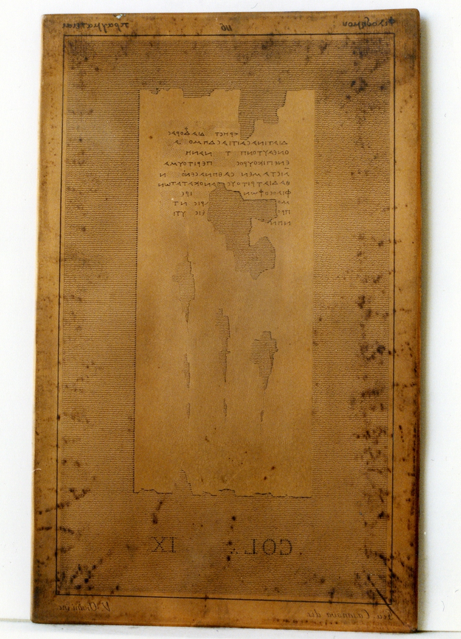 testo greco da Filodemo «...pragmateias...»: col. IX (matrice) di Casanova Giuseppe, Orsini Vincenzo (sec. XIX)