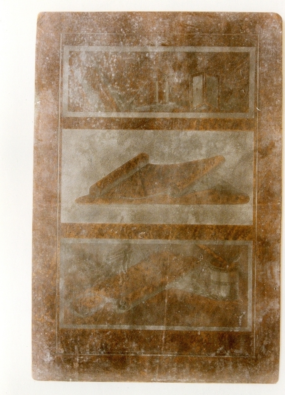 riproduzione di tre pitture con papiri e materiale per scriverci sopra (matrice) di Aloja Raffaele, Casanova Giovanni Battista (sec. XVIII)