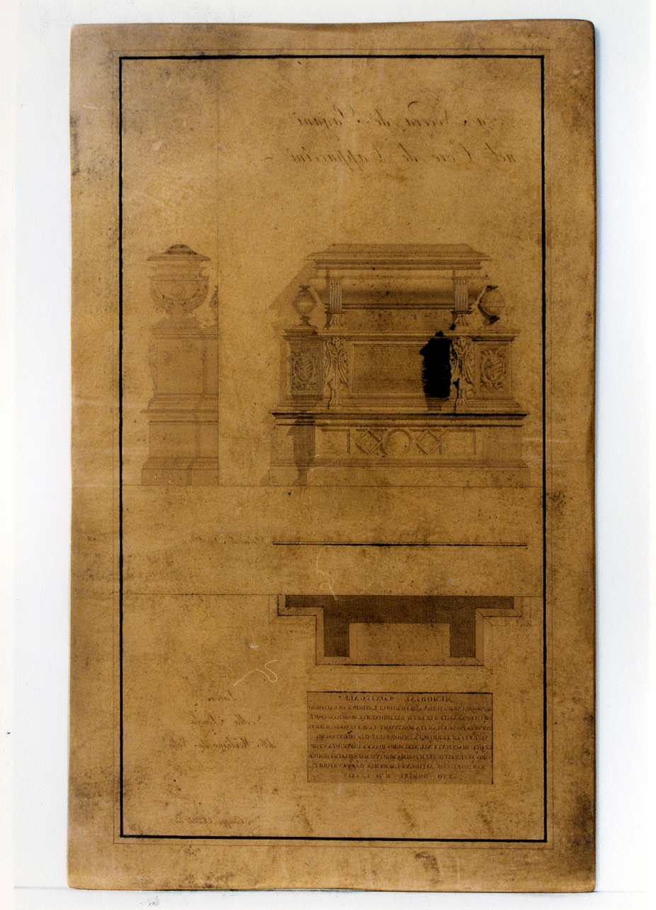 monumento sepolcrale nella chiesa dei Cappuccini a Nocera di Pagani:veduta frontale, laterale e pianta (matrice) di Biondi Giuseppe (prima metà sec. XIX)