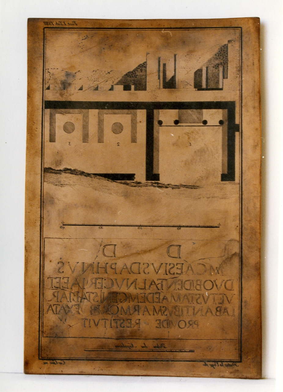 prospetto di scavo/ pianta/ epigrafe (matrice) di Geri Carlo, La Vega Pietro (sec. XVIII)