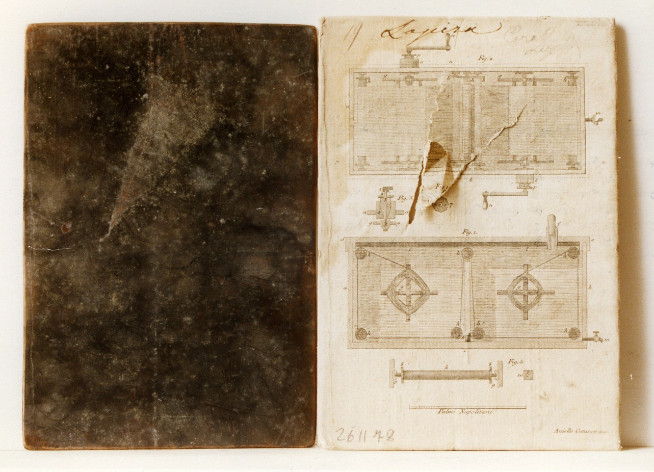 parti meccaniche: macchina a spoletta, veduta superiore e laterale (matrice) di Cataneo Aniello (secc. XVIII/ XIX)