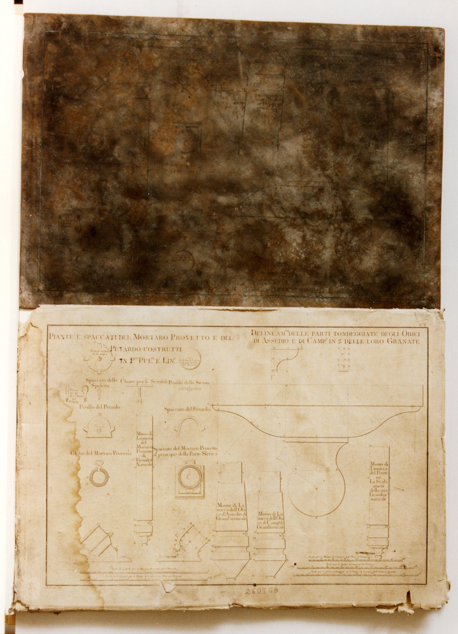 pianta e spaccati del mortaio provetto (matrice) di Scarpati Vincenzo, Guerra Giuseppe (ultimo quarto sec. XVIII)