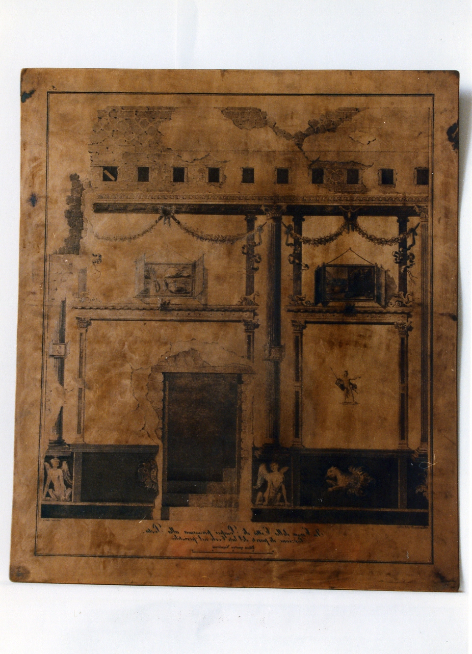 parete affrescata con finte architetture, nature morte ed animalifantastici di una casa di Pompei (matrice) di Cataneo Aniello, Chiantarelli Giuseppe (sec. XIX)