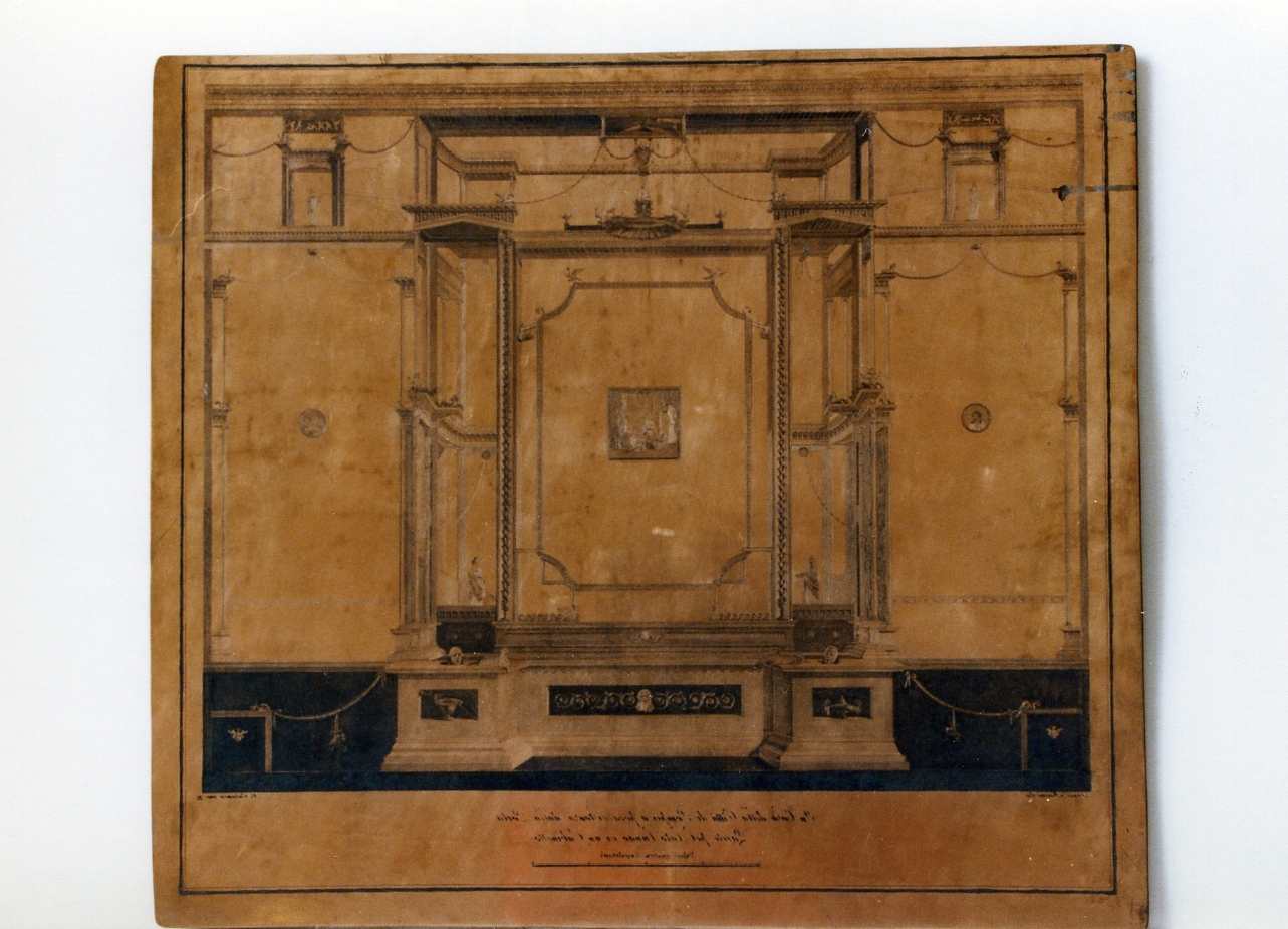 parete affrescata con scena centrale figurata di una casa di Pompei (matrice) di Morelli Francesco, Cataneo Carlo (fine/inizio secc. XVIII/ XIX)