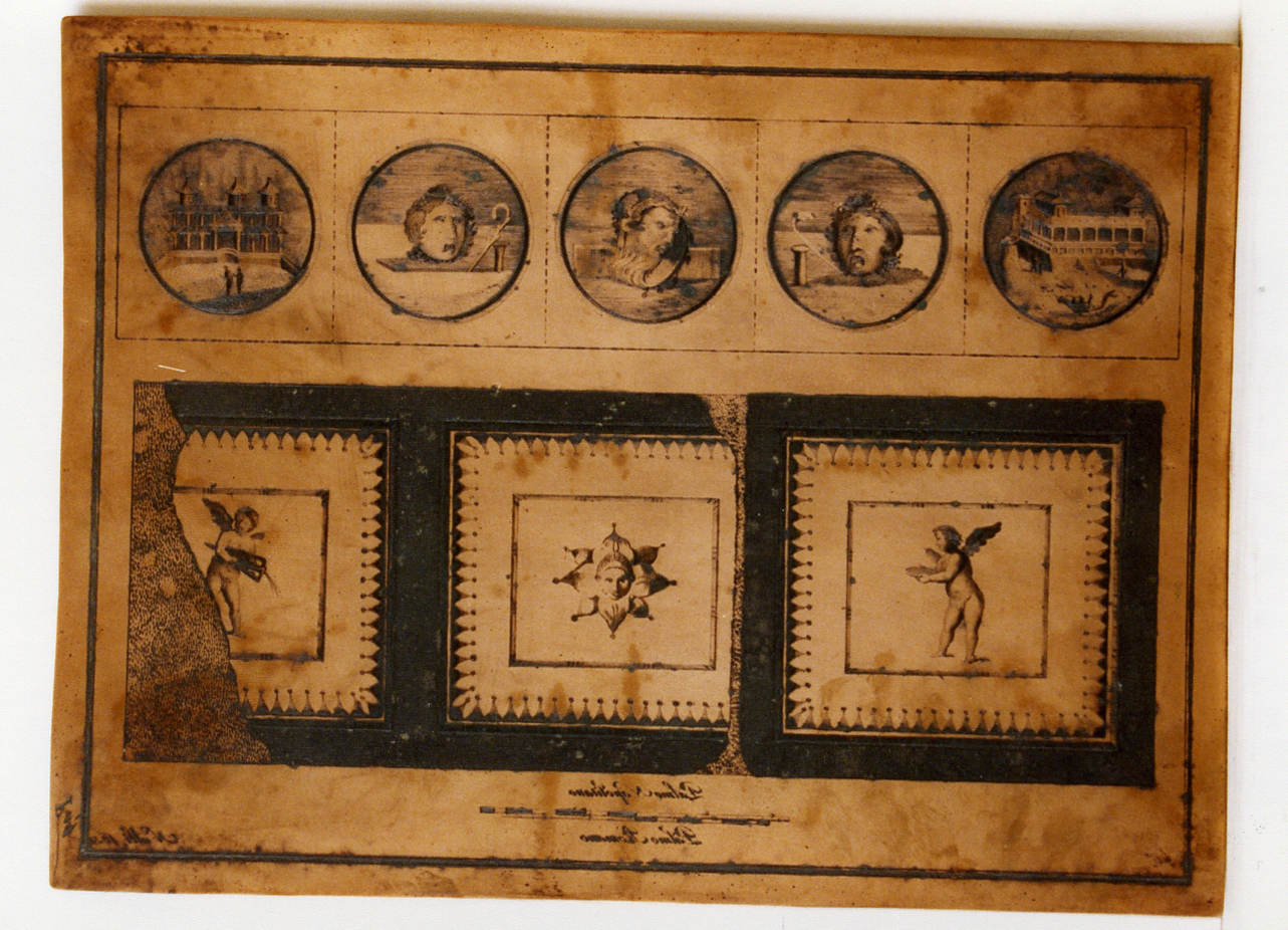 parete affrescata con medaglioni, riquadri con amorini e mascherone (matrice) di Morghen Giovanni Elia, Nolli Carlo (sec. XVIII)