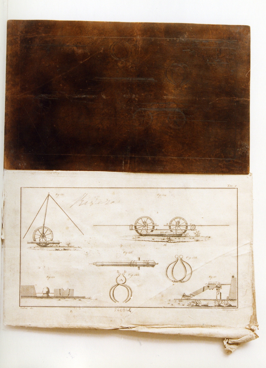 cannoni e strumenti per la movimentazione (matrice) di Giomignani Francesco, Golino Gaetano (fine/inizio secc. XVIII/ XIX)