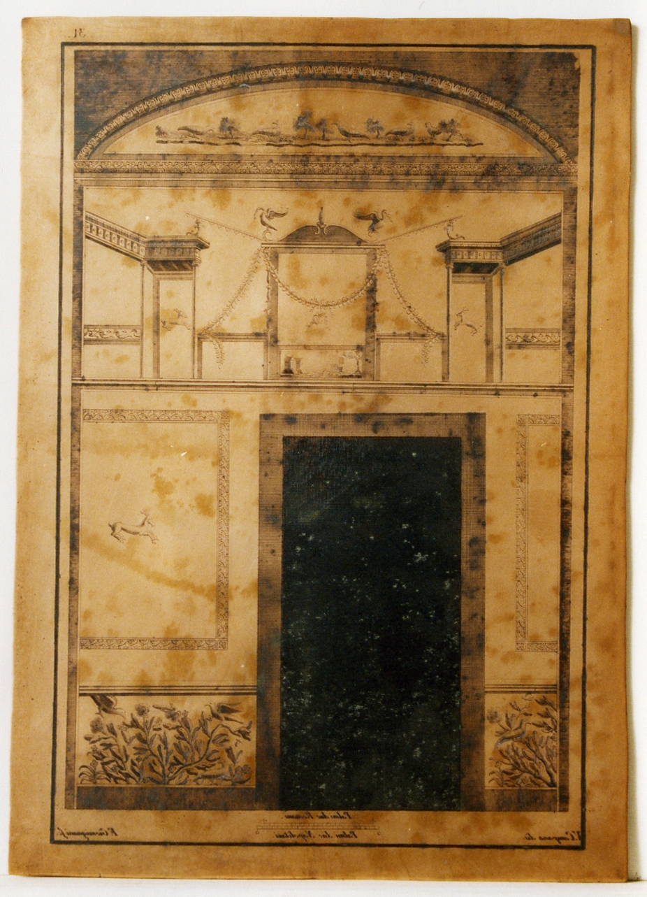 parete affrescata di una casa di Pompei: finta architettura condecorazioni floreali e uccelli (matrice) di Giomignani Francesco, Campana Vincenzo (sec. XVIII)