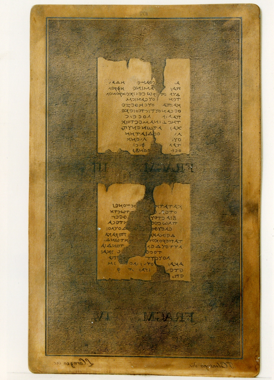 testo greco: fragm. III, fragm. IV (matrice) di Corazza Luigi, Celentano Francesco (sec. XIX)