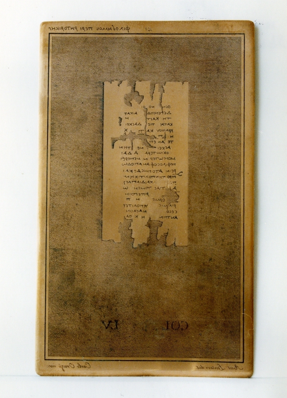 testo greco da Filodemo «della retorica»: col. IV (matrice) di Orazi Carlo, Lentari Antonio (sec. XIX)