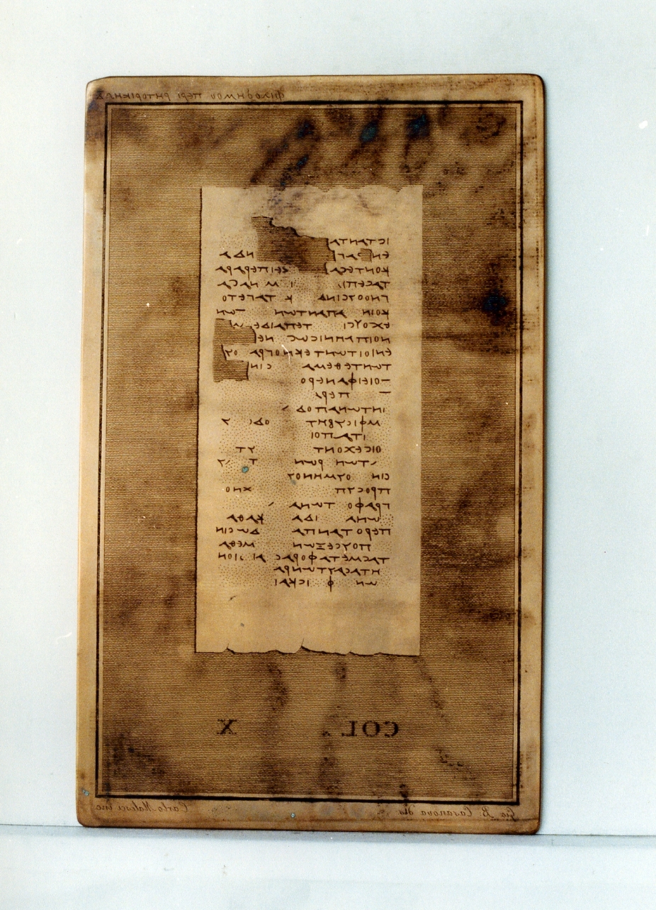 testo greco da Filodemo «della retorica»: col. X (matrice) di Casanova Giovanni Battista, Malesci Carlo (sec. XIX)