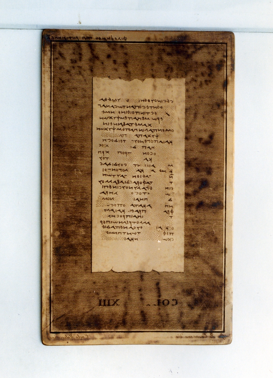 testo greco da Filodemo «della retorica»: col. XIII (matrice) di Casanova Giovanni Battista, Malesci Carlo (sec. XIX)