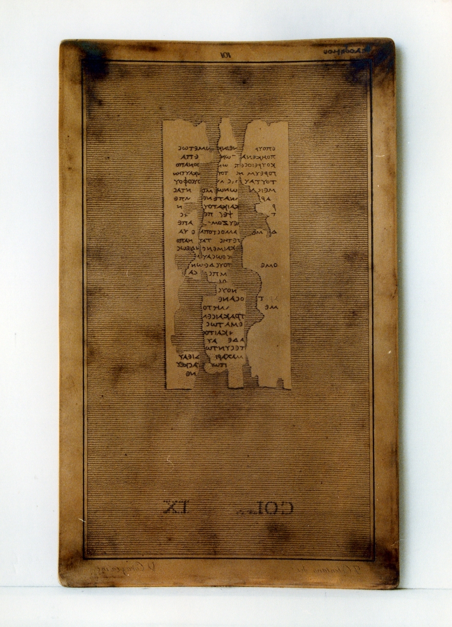 testo greco da Filodemo: col. IX (matrice) di Corazza Vincenzo, Casanova Giovanni Battista (sec. XIX)