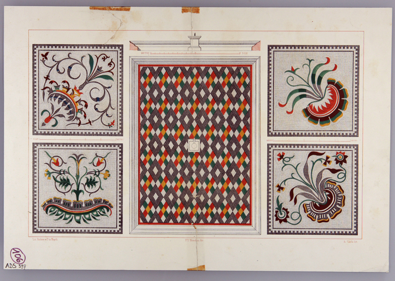 pavimento a mosaico di una casa pompeiana (stampa a colori) di Carli A (sec. XIX)