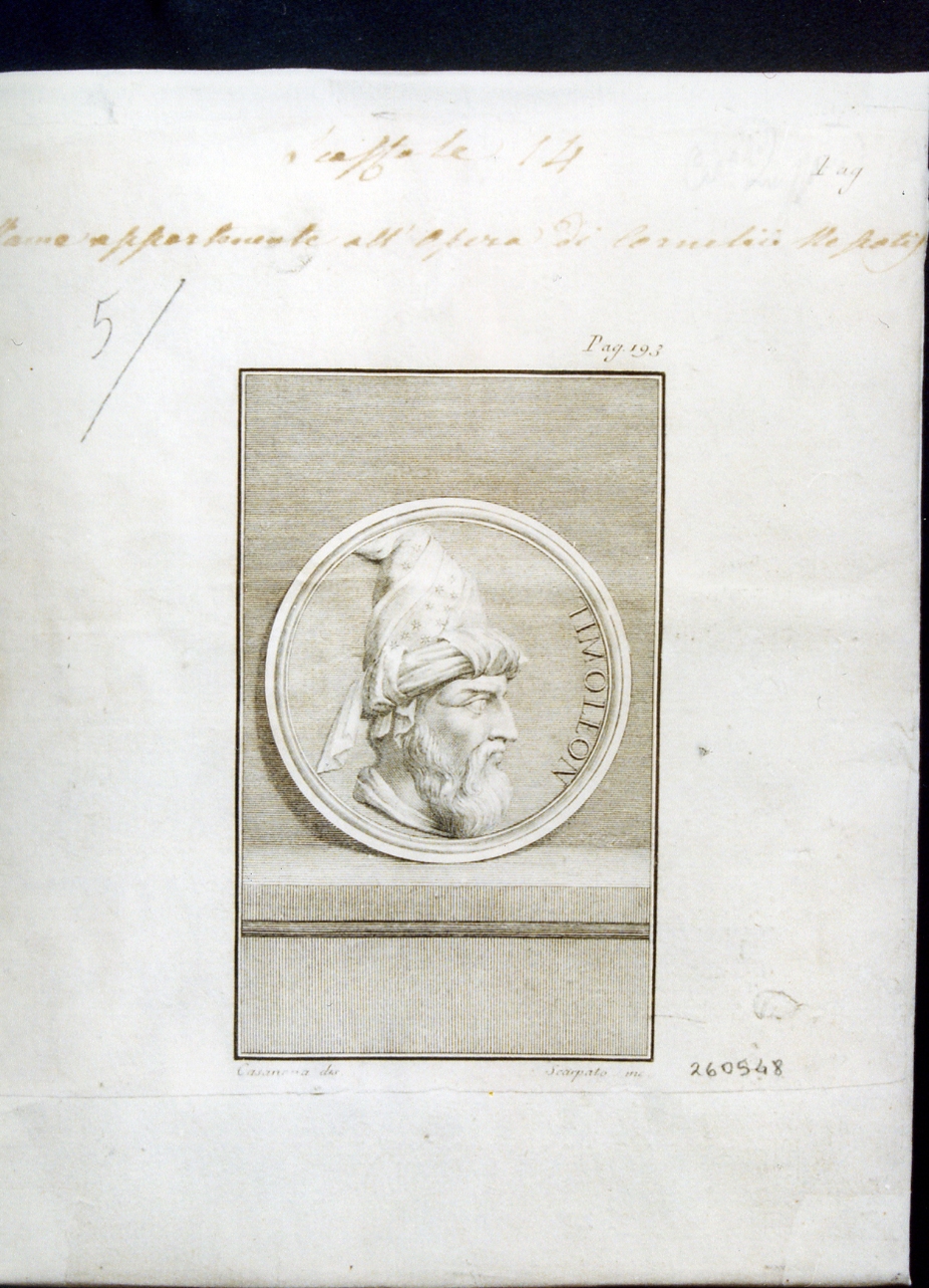 medaglione con ritratto di Timoleone di profilo (stampa controfondata smarginata tagliata) di Scarpati Vincenzo, Casanova Giovanni Battista (sec. XVIII)