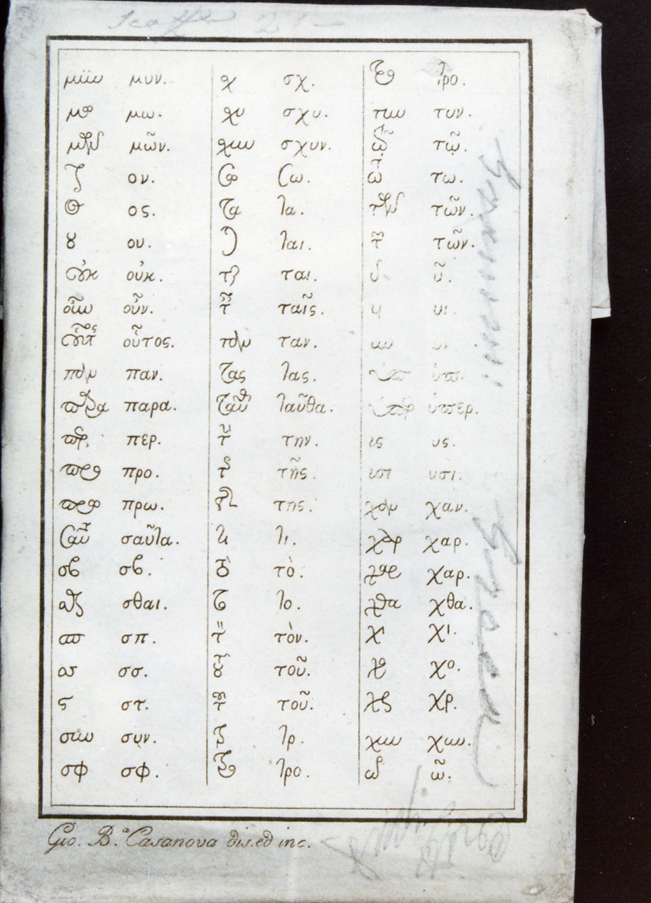 tavola di grammatica greca (stampa controfondata) di Casanova Giovanni Battista (secc. XVIII/ XIX)