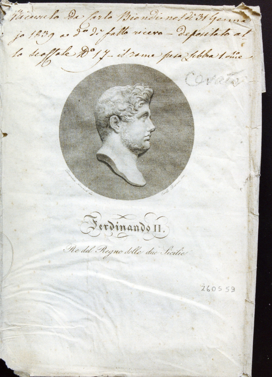 busto-ritratto di Ferdinando II Re delle due Sicilie (stampa) di Arnaud Tommaso, Biondi Carlo (sec. XIX)