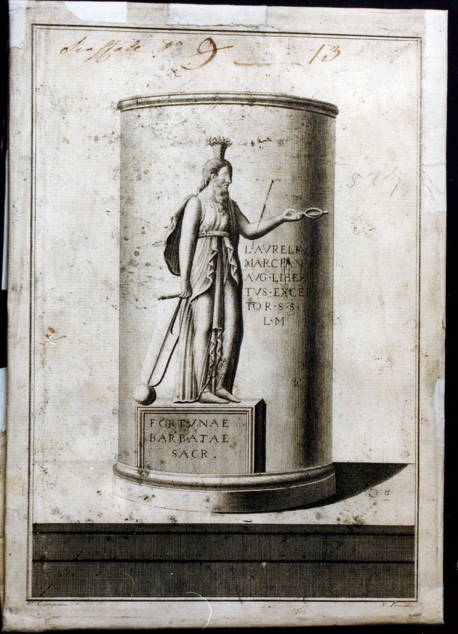 colonna con figura della Fortuna barbuta ed iscrizioni latine (stampa controfondata) di Campana Vincenzo, Fiorillo Nicola (ultimo quarto sec. XVIII)
