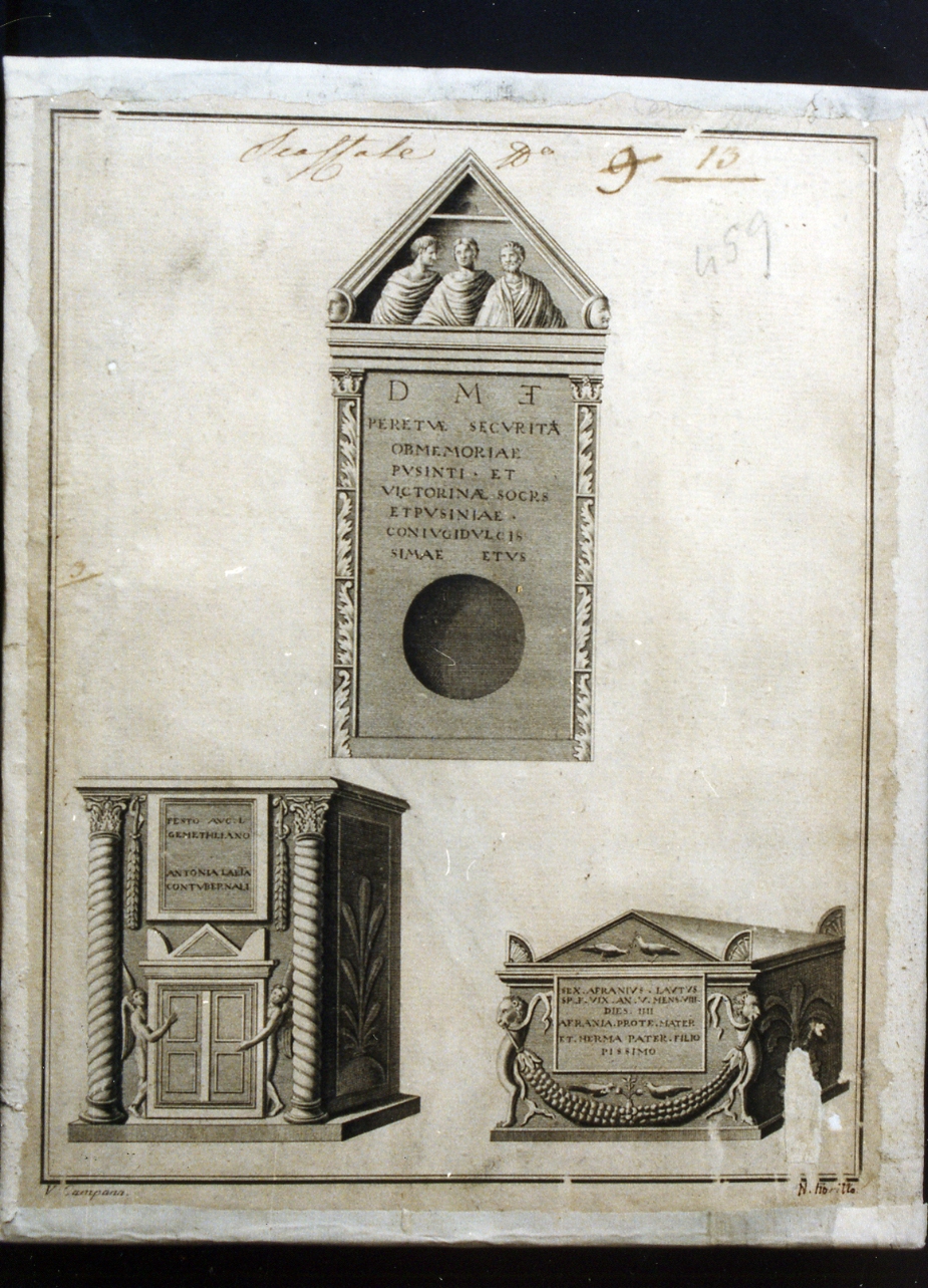 edicola con tre figure maschili/ urna funeraria/ ara con colonne tortili e figure alate (stampa controfondata) di Campana Vincenzo, Fiorillo Nicola (ultimo quarto sec. XVIII)