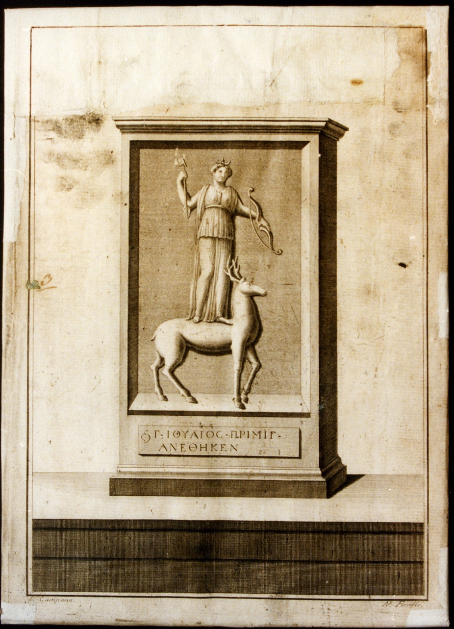 stele con Diana cacciatrice su di un cervo con iscrizione greca (stampa controfondata) di Campana Vincenzo, Fiorillo Nicola (ultimo quarto sec. XVIII)