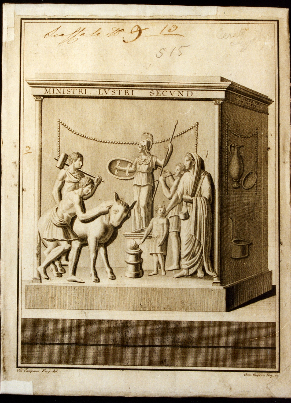 ara con scena di sacrificio di un toro a Minerva ed iscrizione latina (stampa controfondata) di Campana Vincenzo, Guerra Giuseppe (ultimo quarto sec. XVIII)