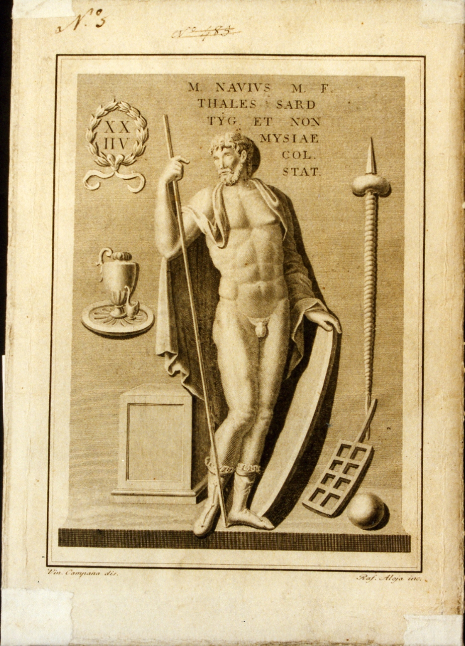 figura barbuta nuda con scudo e lancia ed iscrizione latina (stampa controfondata) di Campana Vincenzo, Aloja Raffaele (ultimo quarto sec. XVIII)