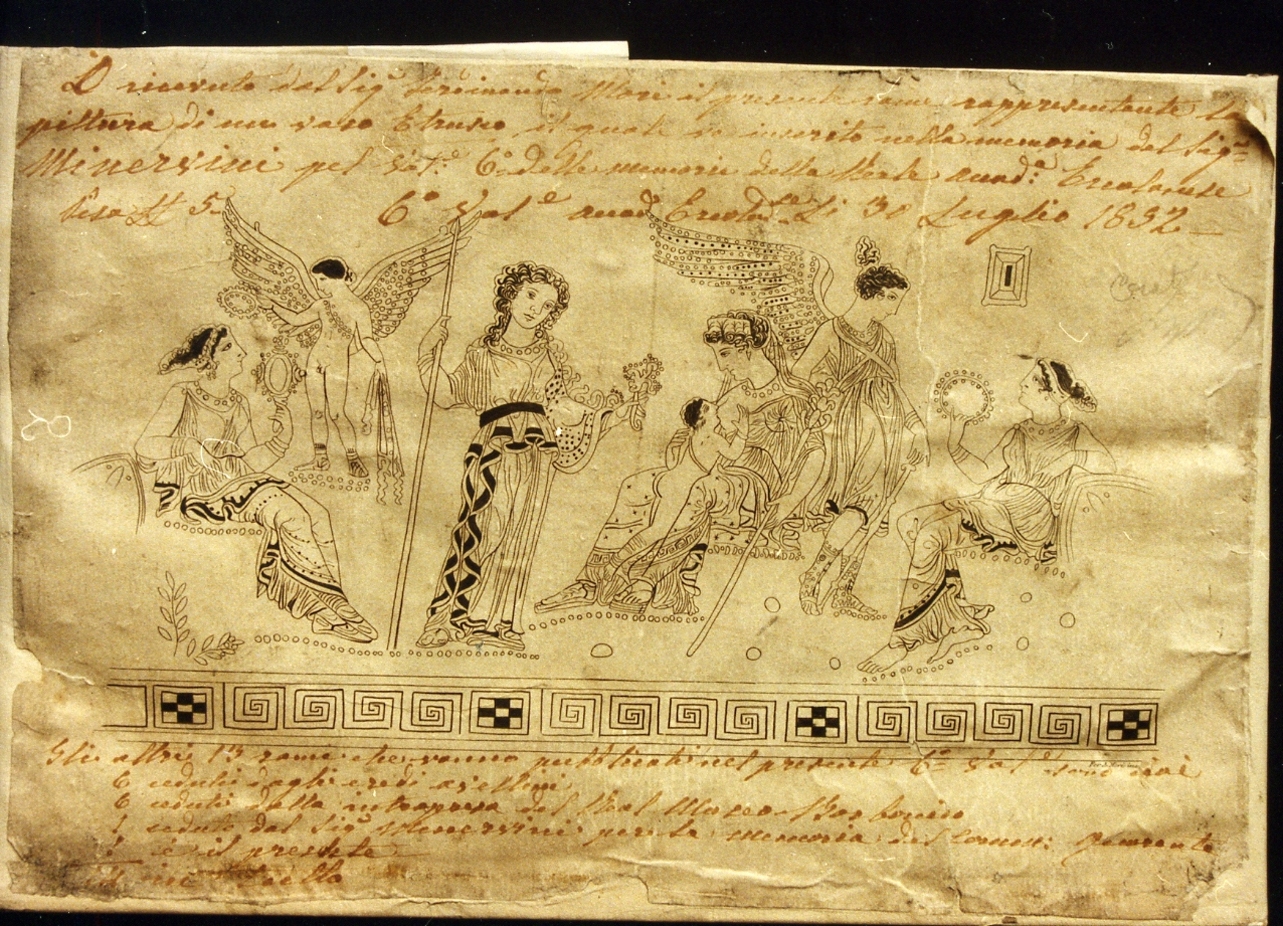 decorazione con figure femminili e figure alate di vaso etrusco (stampa controfondata smarginata) di Mori Ferdinando (seconda metà sec. XIX)