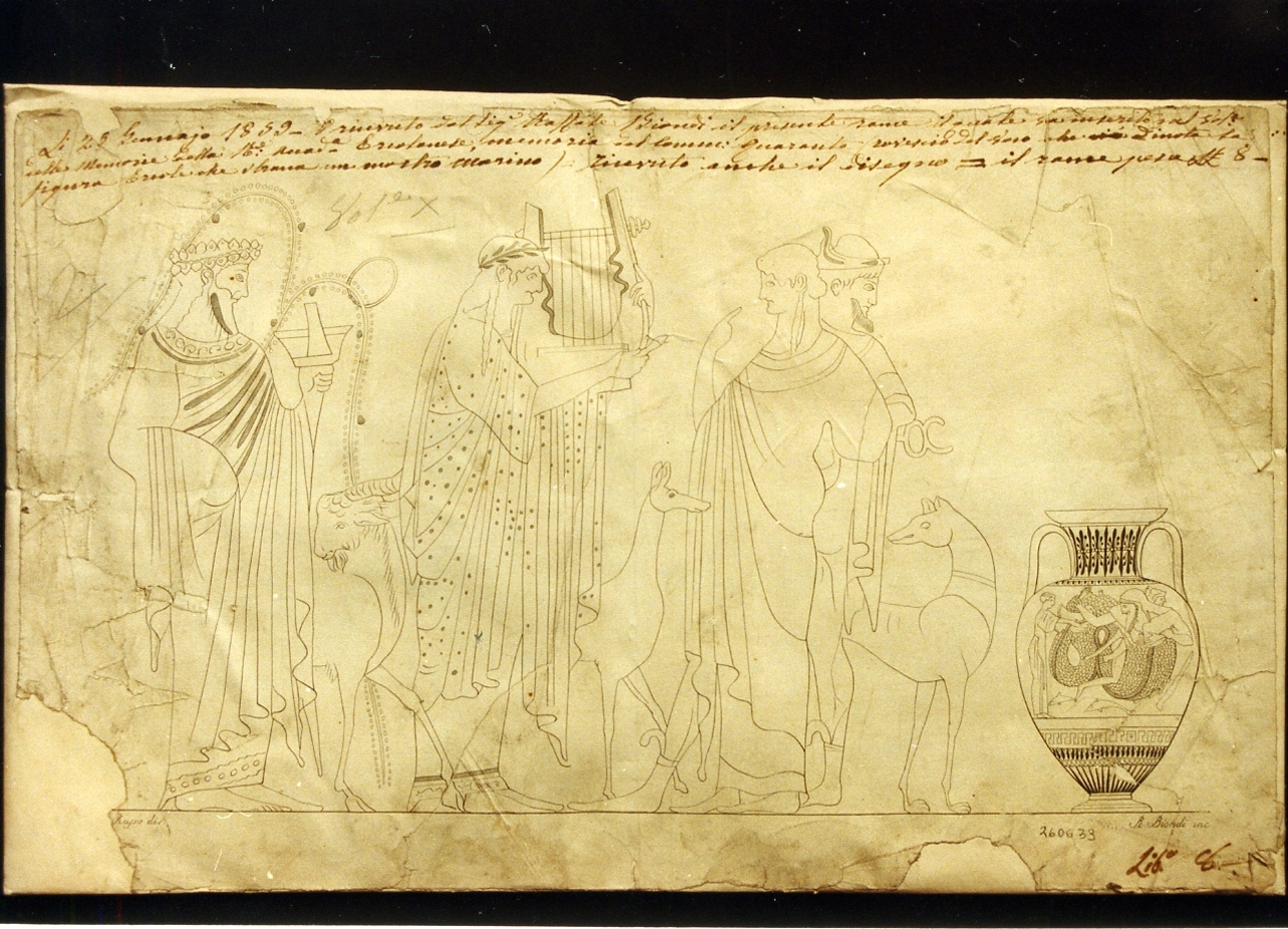 corteo di divinità e vaso con raffigurazione di una scena di lotta (stampa controfondata) di Mori Ferdinando (sec. XIX)