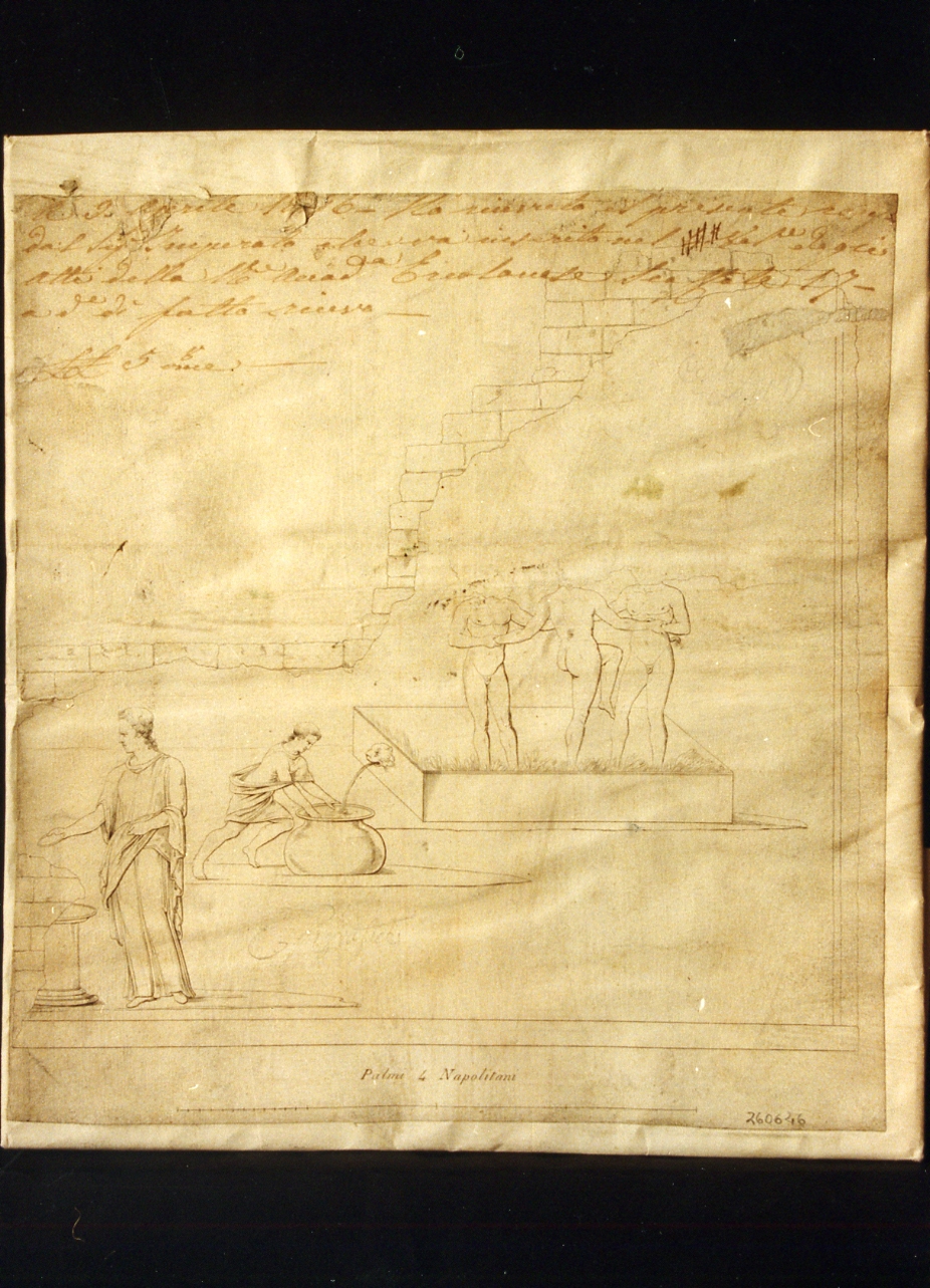 frammento di affresco con scena di sacrificio e Fauni danzanti (stampa) di Imperato Filippo (sec. XIX)