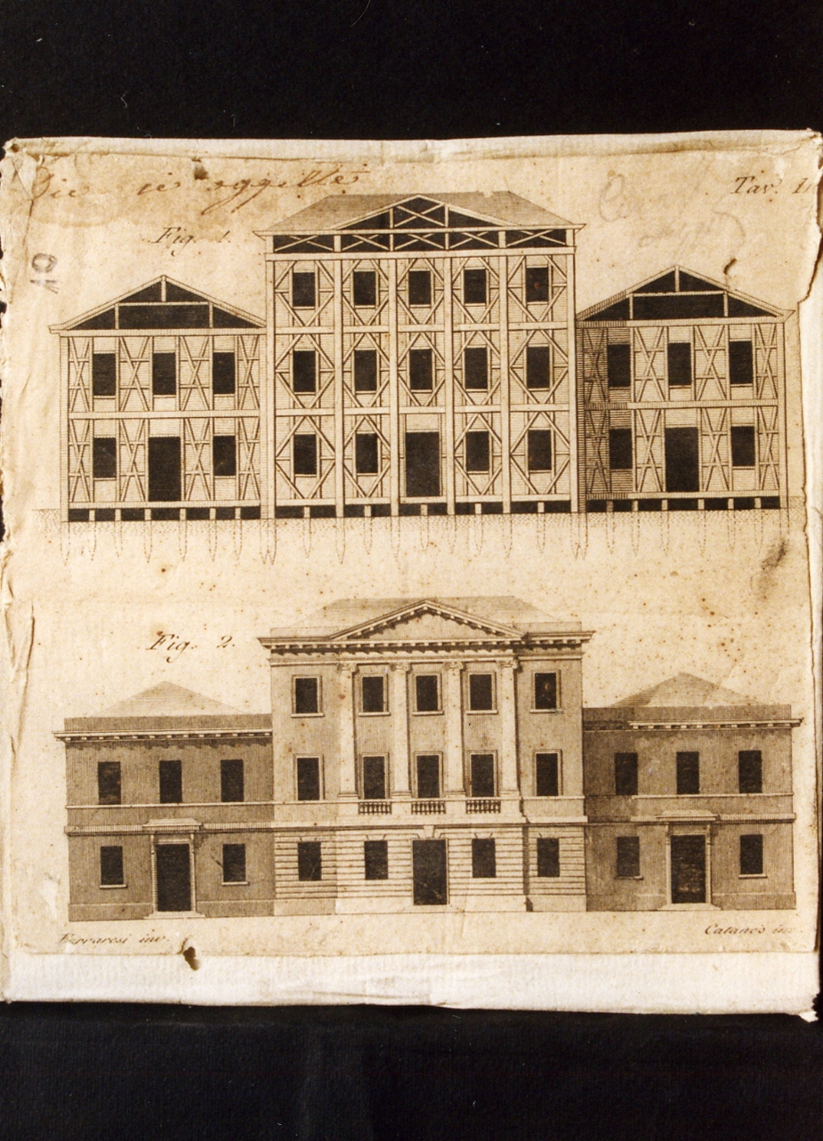 struttura interna e facciata di edificio (stampa controfondata smarginata) di Cataneo Aniello, Ferraresi Vincenzo (sec. XVIII)