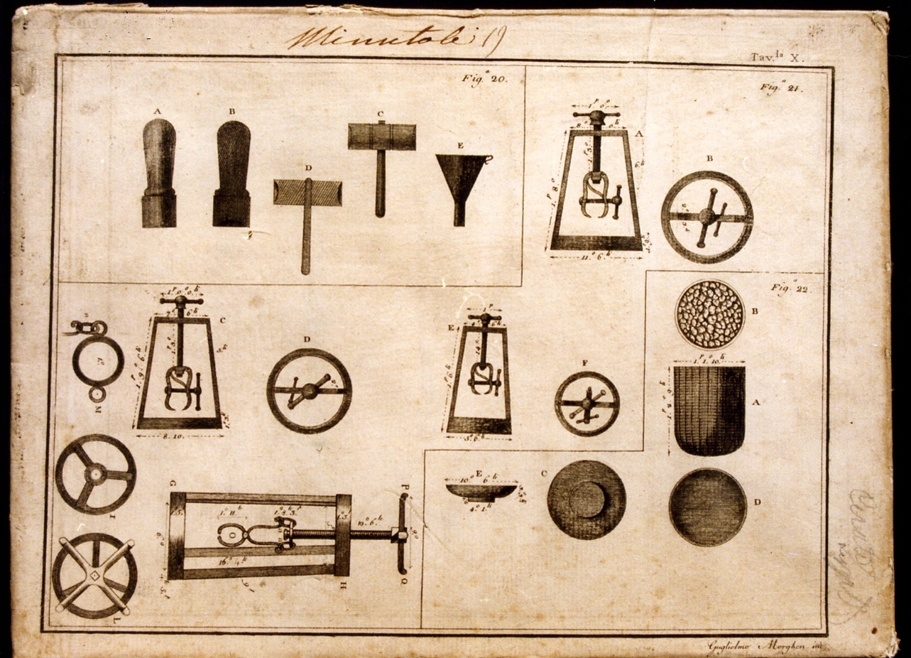 strumenti per forgiare i metalli per l'artiglieria (stampa controfondata) di Morghen Guglielmo (sec. XIX)